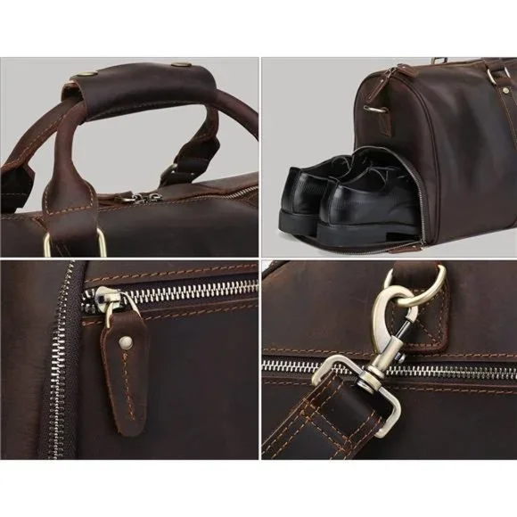 Men's Leather Duffel Bag Vintage Full Grain Leather w/ Shoes Compartment Leather